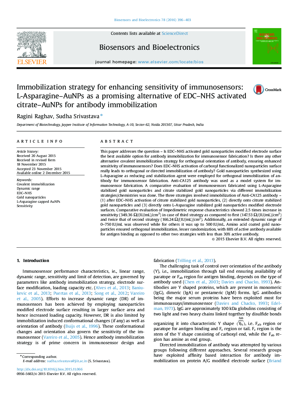 Immobilization strategy for enhancing sensitivity of immunosensors: L-Asparagine-AuNPs as a promising alternative of EDC-NHS activated citrate-AuNPs for antibody immobilization