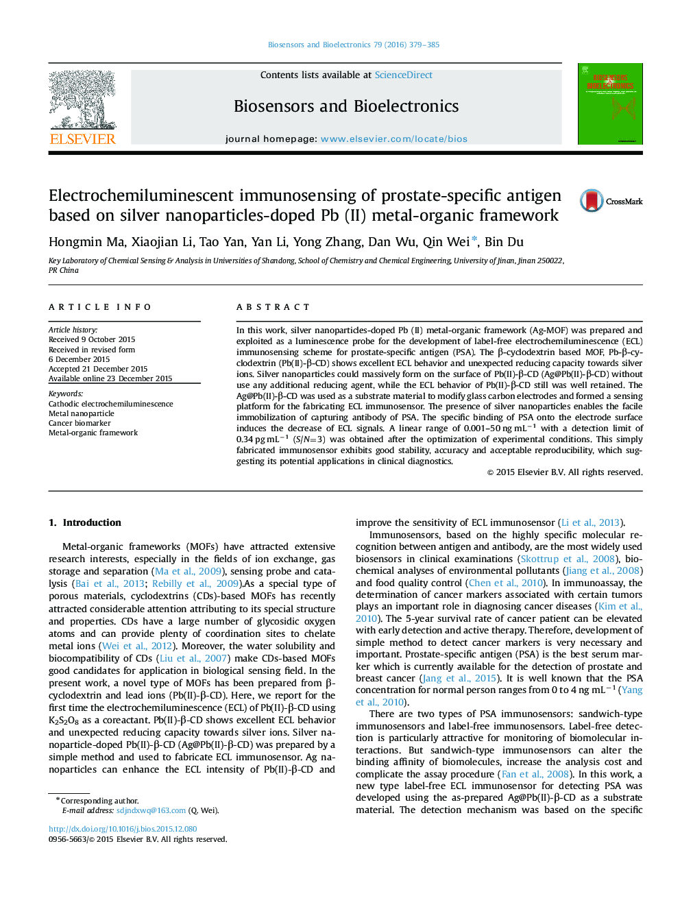 Electrochemiluminescent immunosensing of prostate-specific antigen based on silver nanoparticles-doped Pb (II) metal-organic framework