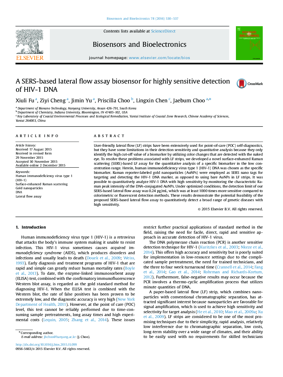 A SERS-based lateral flow assay biosensor for highly sensitive detection of HIV-1 DNA