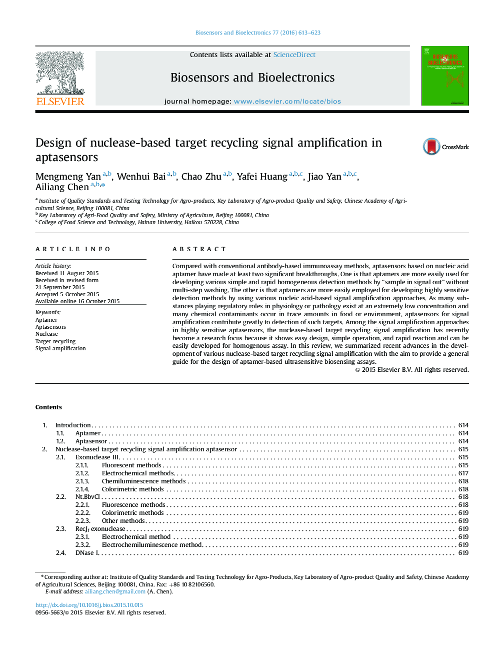 Design of nuclease-based target recycling signal amplification in aptasensors