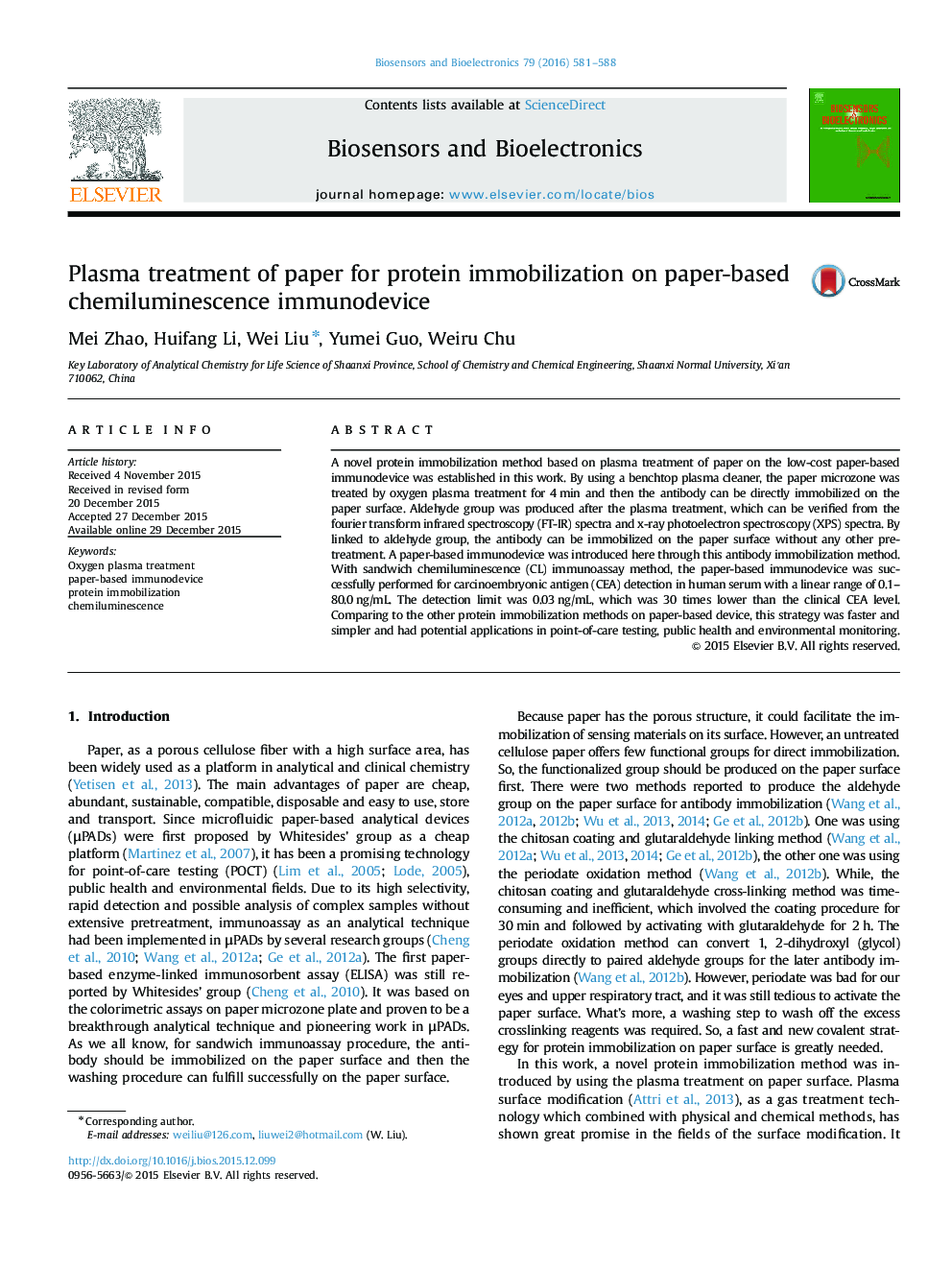 Plasma treatment of paper for protein immobilization on paper-based chemiluminescence immunodevice