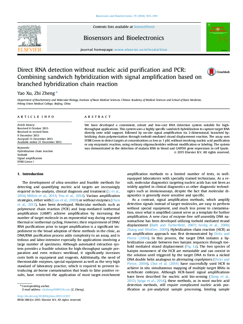 Direct RNA detection without nucleic acid purification and PCR: Combining sandwich hybridization with signal amplification based on branched hybridization chain reaction