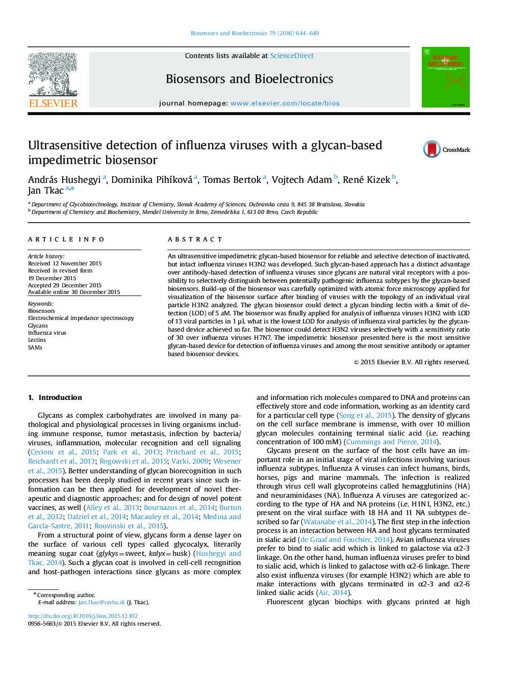 Ultrasensitive detection of influenza viruses with a glycan-based impedimetric biosensor