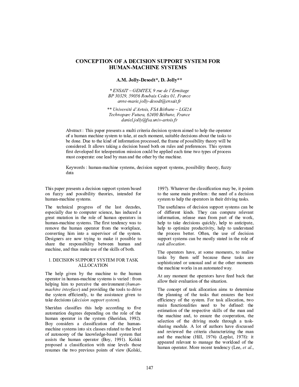 CONCEPTION OF A DECISION SUPPORT SYSTEM FOR HUMAN-MACHINE SYSTEMS