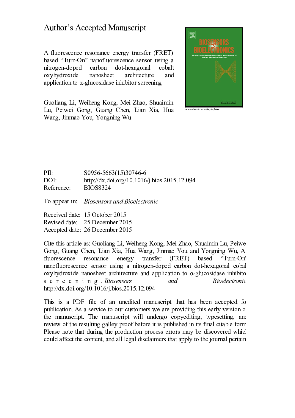 A fluorescence resonance energy transfer (FRET) based “Turn-On” nanofluorescence sensor using a nitrogen-doped carbon dot-hexagonal cobalt oxyhydroxide nanosheet architecture and application to Î±-glucosidase inhibitor screening