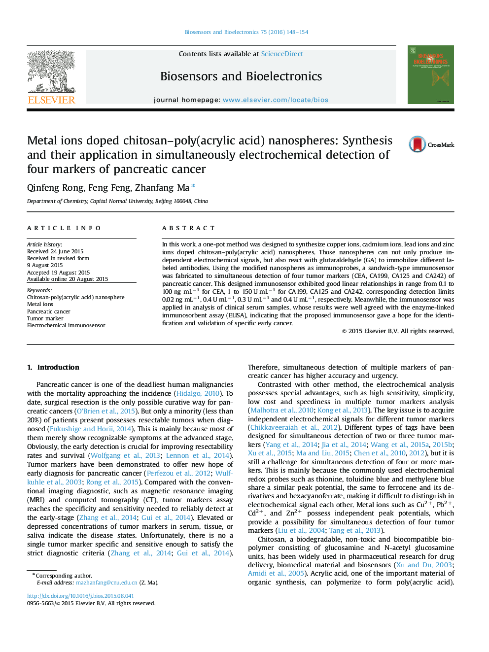 Metal ions doped chitosan-poly(acrylic acid) nanospheres: Synthesis and their application in simultaneously electrochemical detection of four markers of pancreatic cancer