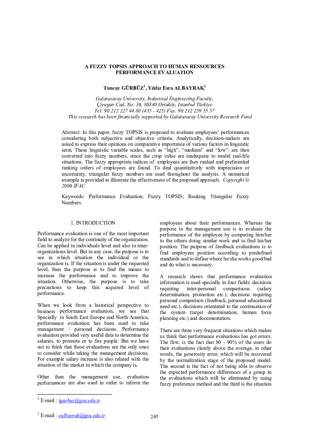 A FUZZY TOPSIS APPROACH TO HUMAN RESSOURCES PERFORMANCE EVALUATION