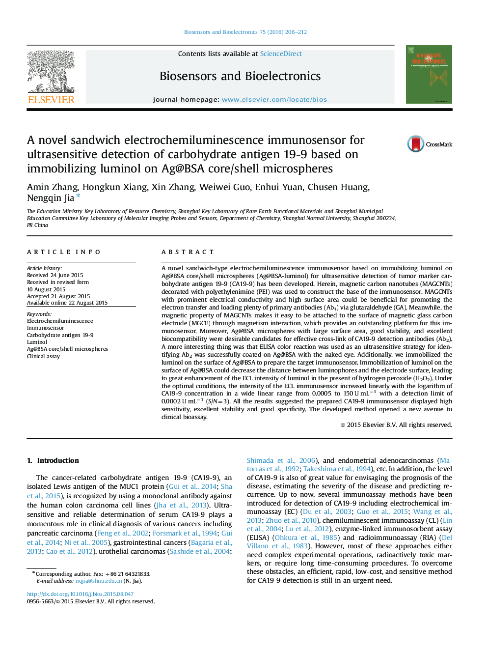 A novel sandwich electrochemiluminescence immunosensor for ultrasensitive detection of carbohydrate antigen 19-9 based on immobilizing luminol on Ag@BSA core/shell microspheres