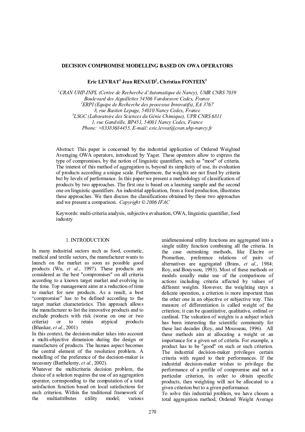 DECISION COMPROMISE MODELLING BASED ON OWA OPERATORS