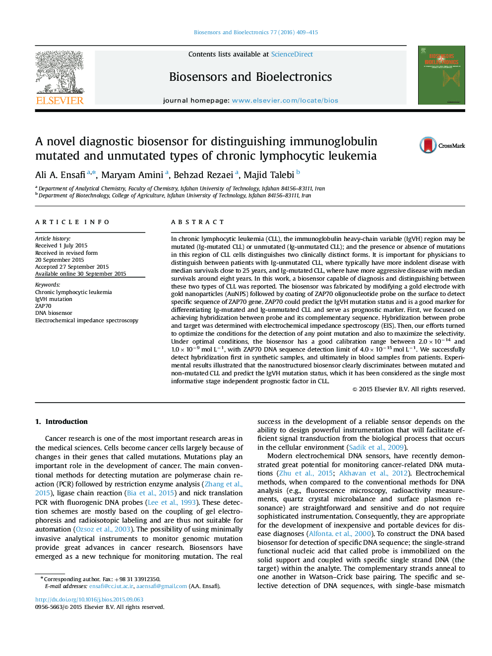 A novel diagnostic biosensor for distinguishing immunoglobulin mutated and unmutated types of chronic lymphocytic leukemia