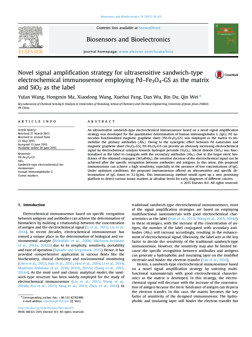 Novel signal amplification strategy for ultrasensitive sandwich-type electrochemical immunosensor employing Pd-Fe3O4-GS as the matrix and SiO2 as the label