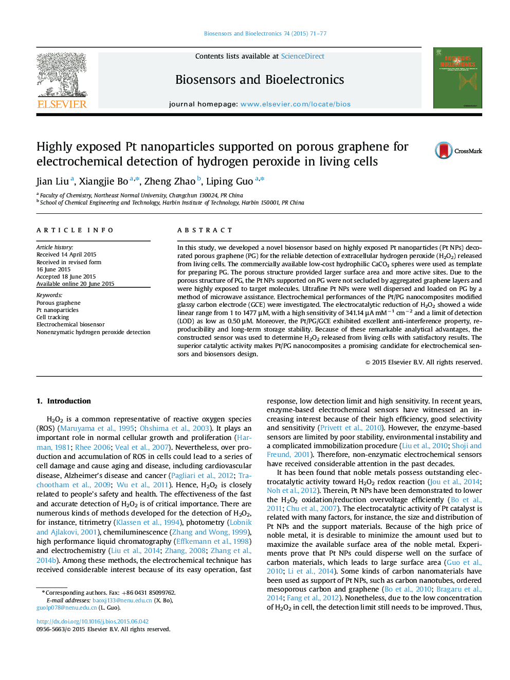 Highly exposed Pt nanoparticles supported on porous graphene for electrochemical detection of hydrogen peroxide in living cells