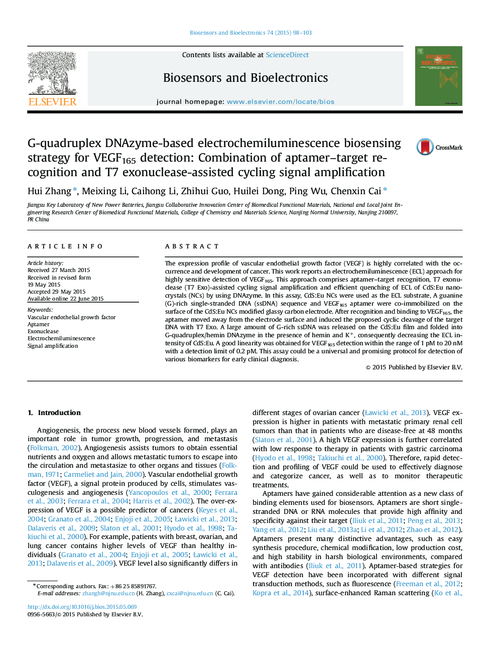 G-quadruplex DNAzyme-based electrochemiluminescence biosensing strategy for VEGF165 detection: Combination of aptamer-target recognition and T7 exonuclease-assisted cycling signal amplification