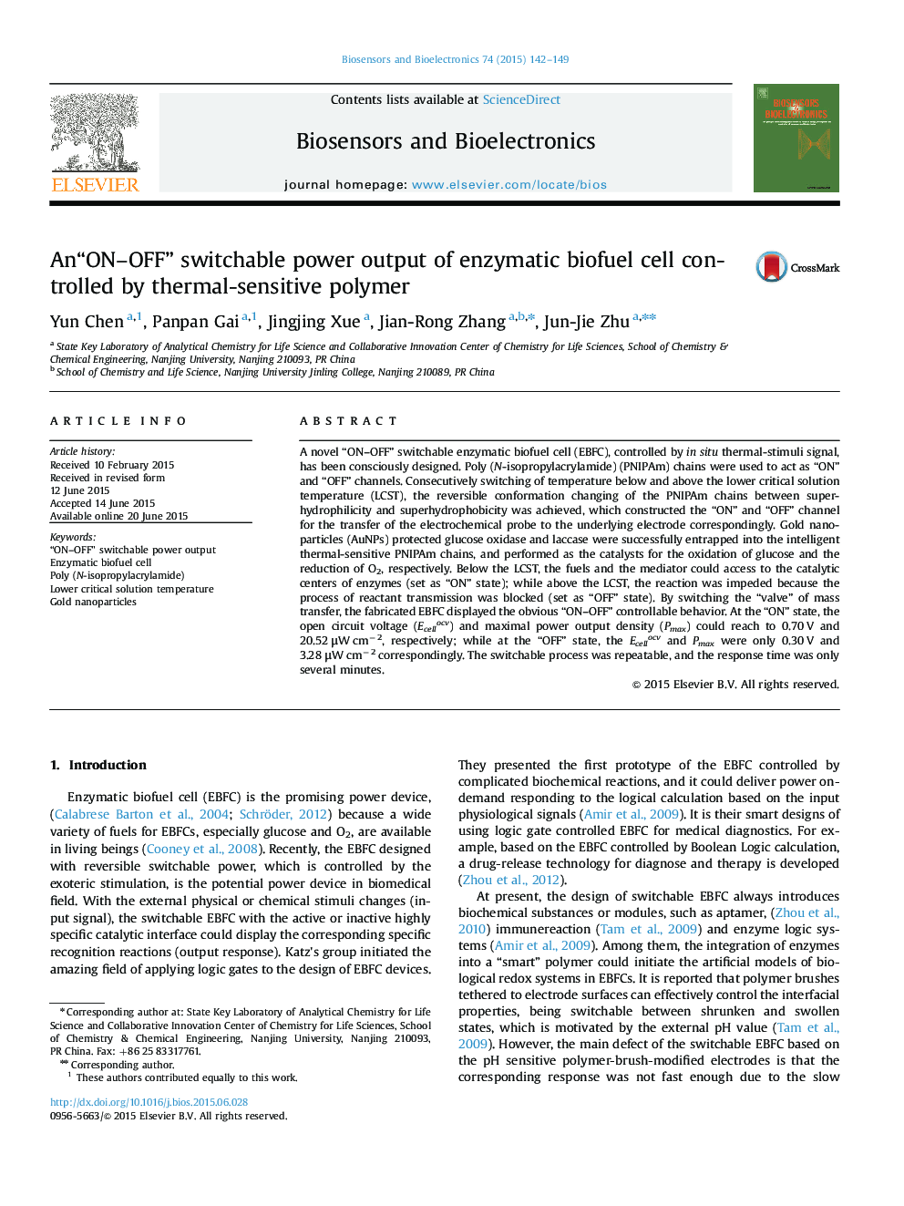 An“ON-OFF” switchable power output of enzymatic biofuel cell controlled by thermal-sensitive polymer