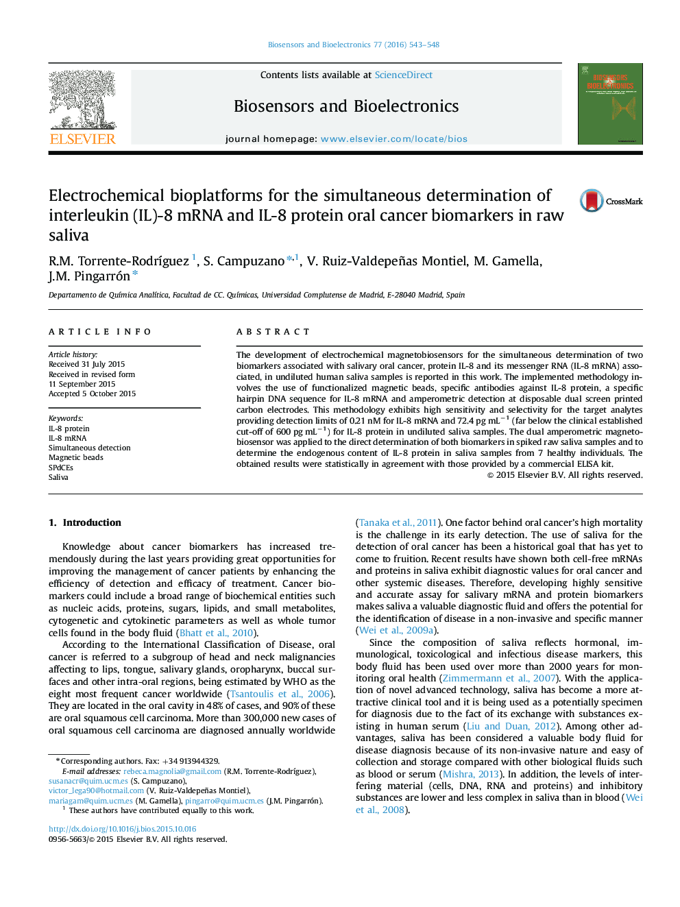 Electrochemical bioplatforms for the simultaneous determination of interleukin (IL)-8 mRNA and IL-8 protein oral cancer biomarkers in raw saliva