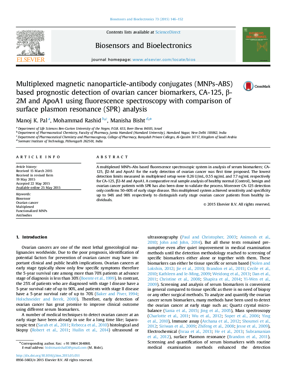 Multiplexed magnetic nanoparticle-antibody conjugates (MNPs-ABS) based prognostic detection of ovarian cancer biomarkers, CA-125, Î²-2M and ApoA1 using fluorescence spectroscopy with comparison of surface plasmon resonance (SPR) analysis