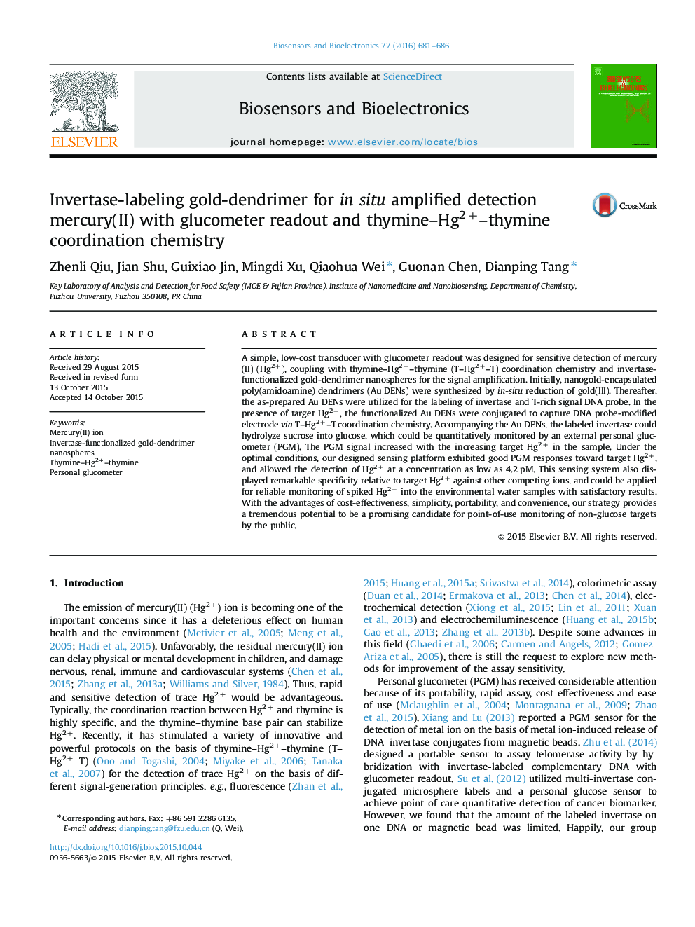 Invertase-labeling gold-dendrimer for in situ amplified detection mercury(II) with glucometer readout and thymine-Hg2+-thymine coordination chemistry