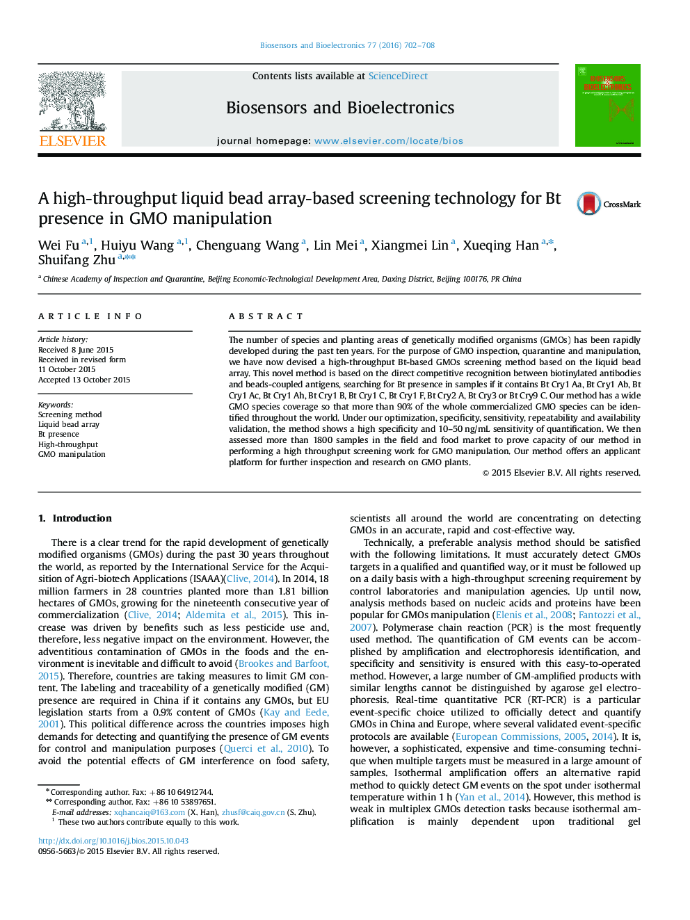 A high-throughput liquid bead array-based screening technology for Bt presence in GMO manipulation