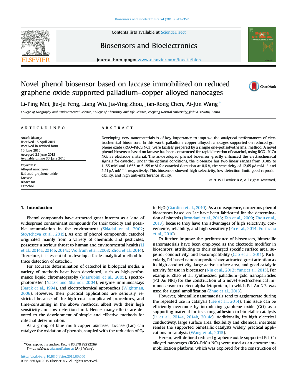 Novel phenol biosensor based on laccase immobilized on reduced graphene oxide supported palladium-copper alloyed nanocages