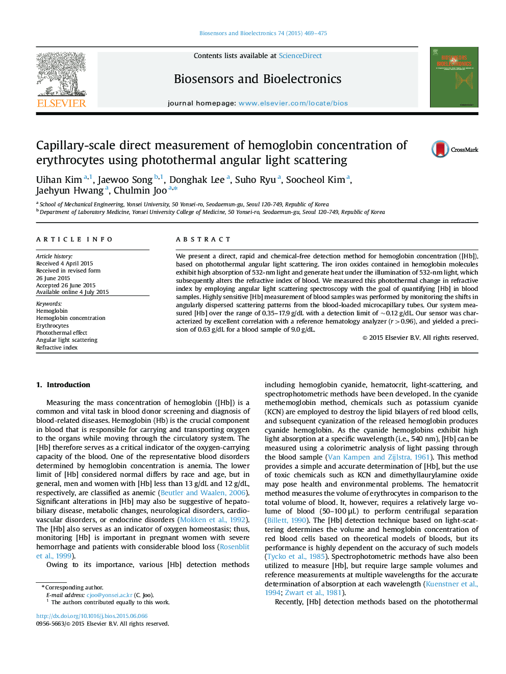 Capillary-scale direct measurement of hemoglobin concentration of erythrocytes using photothermal angular light scattering