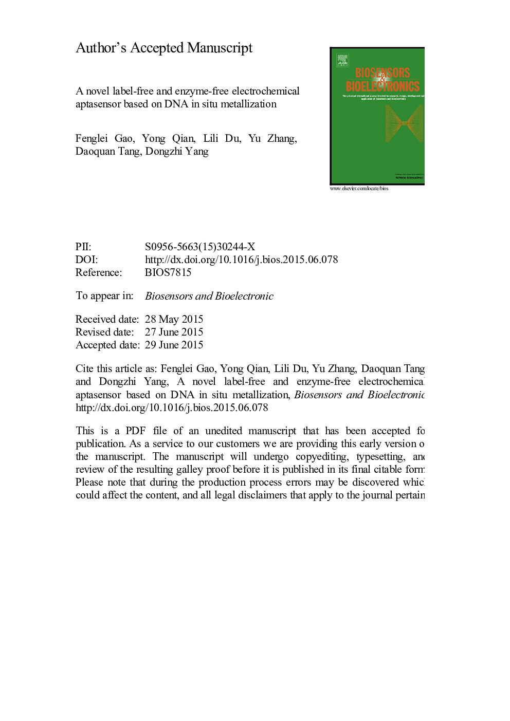 عکس صفحه اول مقاله: A novel label-free and enzyme-free electrochemical aptasensor based on DNA in situ metallization A novel label-free and enzyme-free electrochemical aptasensor based on DNA in situ metallization