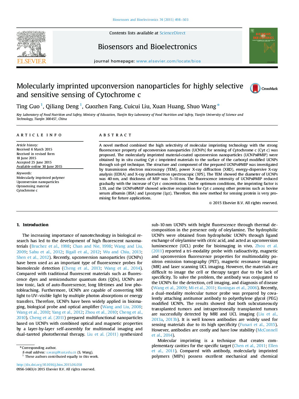 Molecularly imprinted upconversion nanoparticles for highly selective and sensitive sensing of Cytochrome c