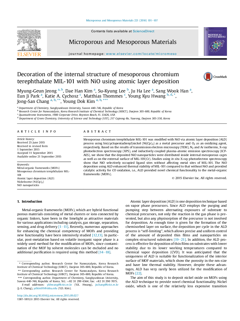 Decoration of the internal structure of mesoporous chromium terephthalate MIL-101 with NiO using atomic layer deposition