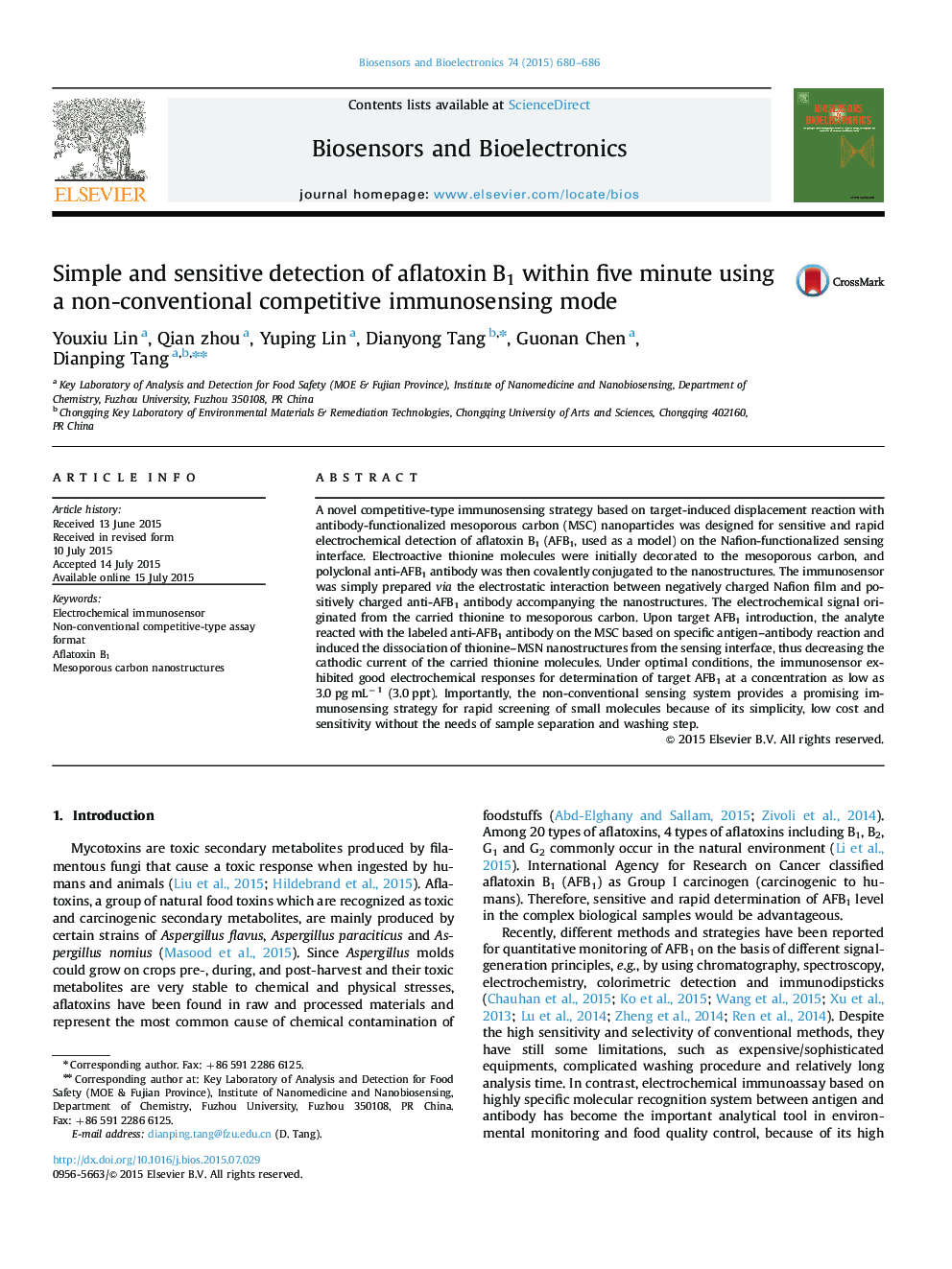 عکس صفحه اول مقاله: Simple and sensitive detection of aflatoxin B1 within five minute using a non-conventional competitive immunosensing mode Simple and sensitive detection of aflatoxin B1 within five minute using a non-conventional competitive immunosensing mode