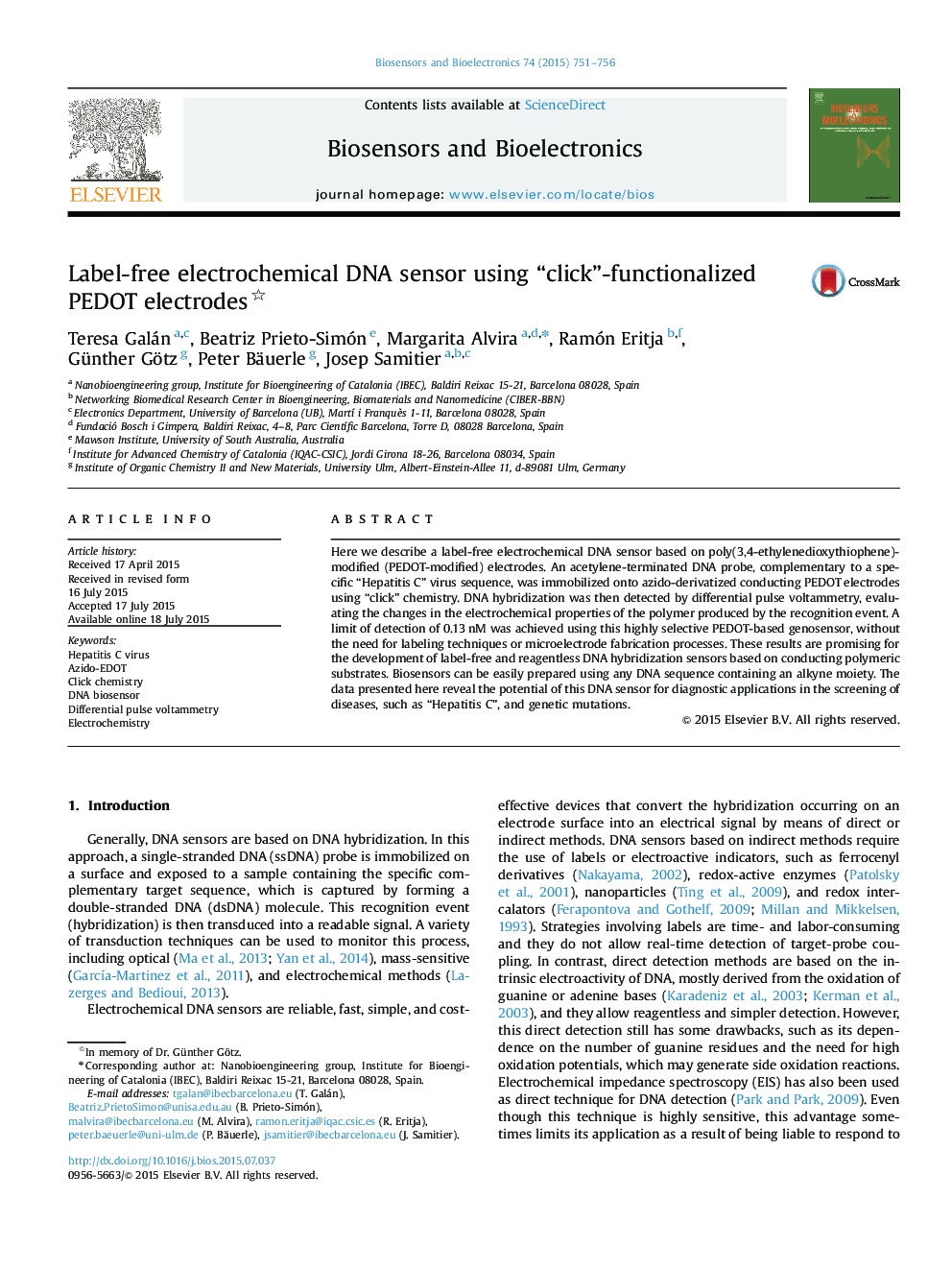 Label-free electrochemical DNA sensor using “click”-functionalized PEDOT electrodes