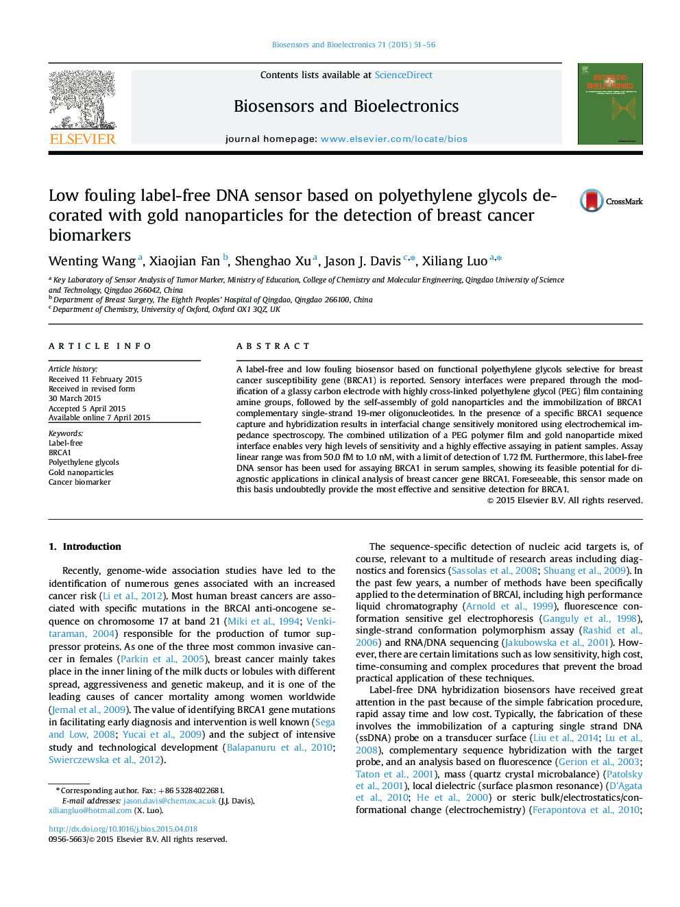 Low fouling label-free DNA sensor based on polyethylene glycols decorated with gold nanoparticles for the detection of breast cancer biomarkers