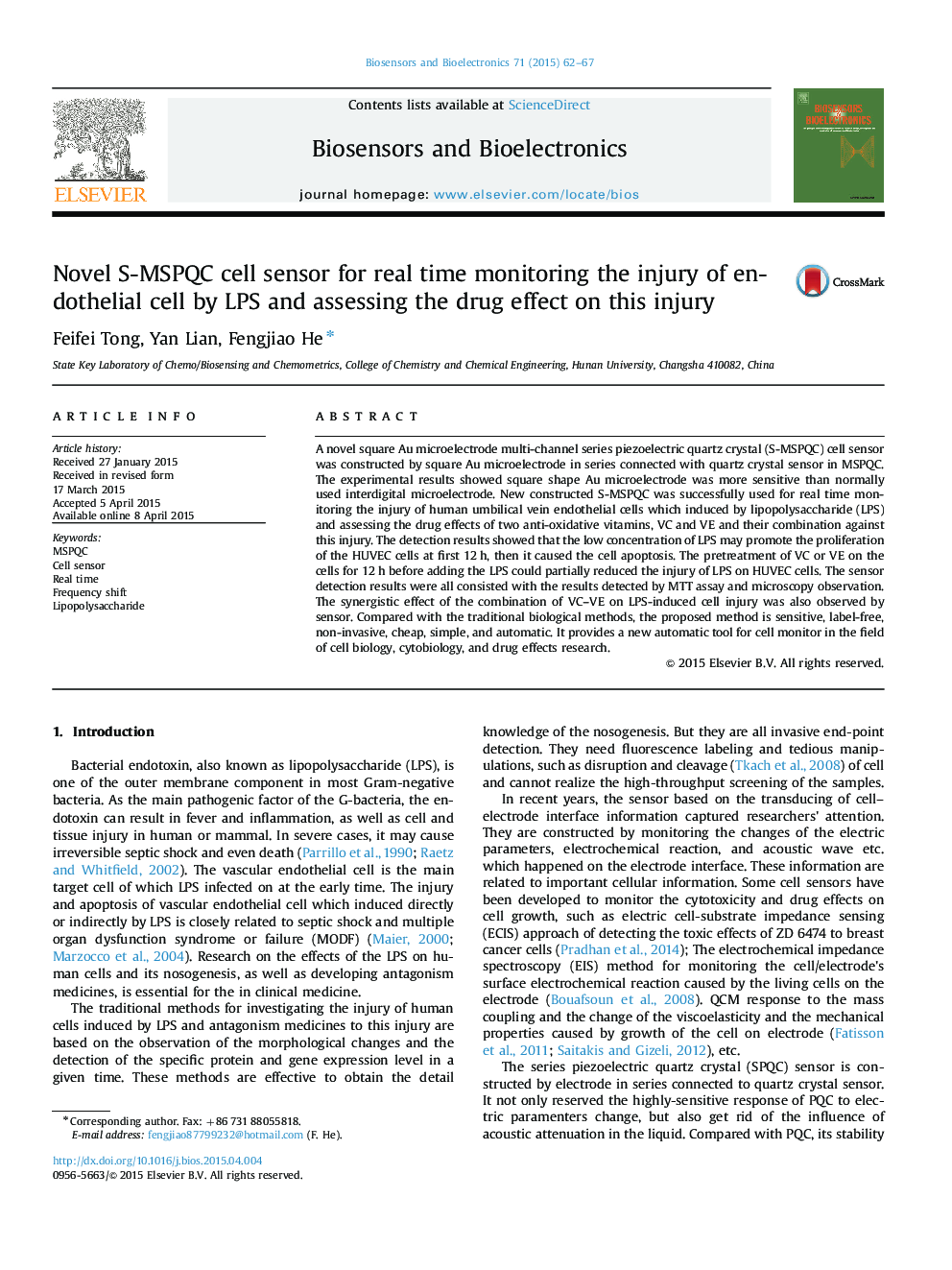 Novel S-MSPQC cell sensor for real time monitoring the injury of endothelial cell by LPS and assessing the drug effect on this injury