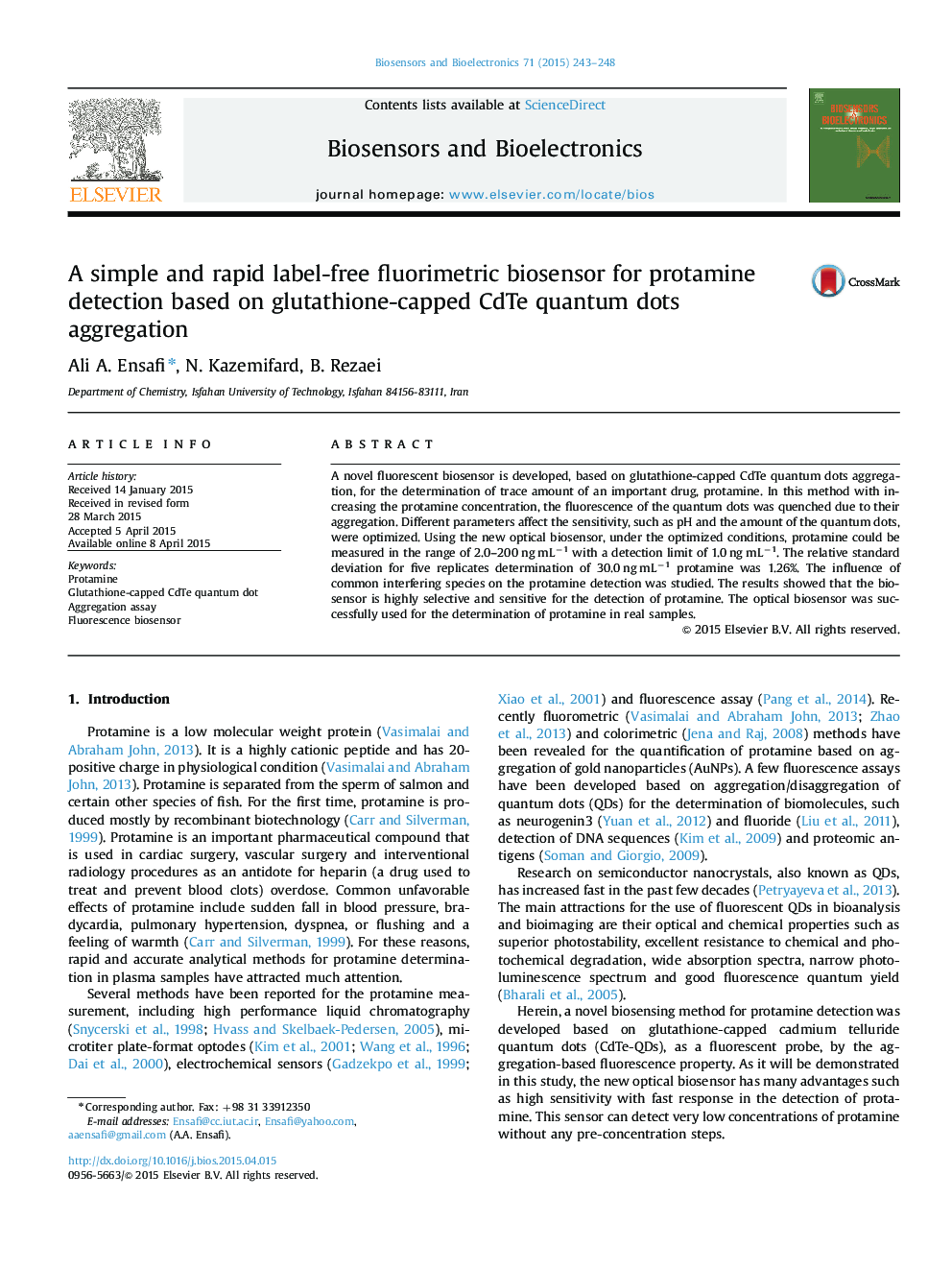 A simple and rapid label-free fluorimetric biosensor for protamine detection based on glutathione-capped CdTe quantum dots aggregation