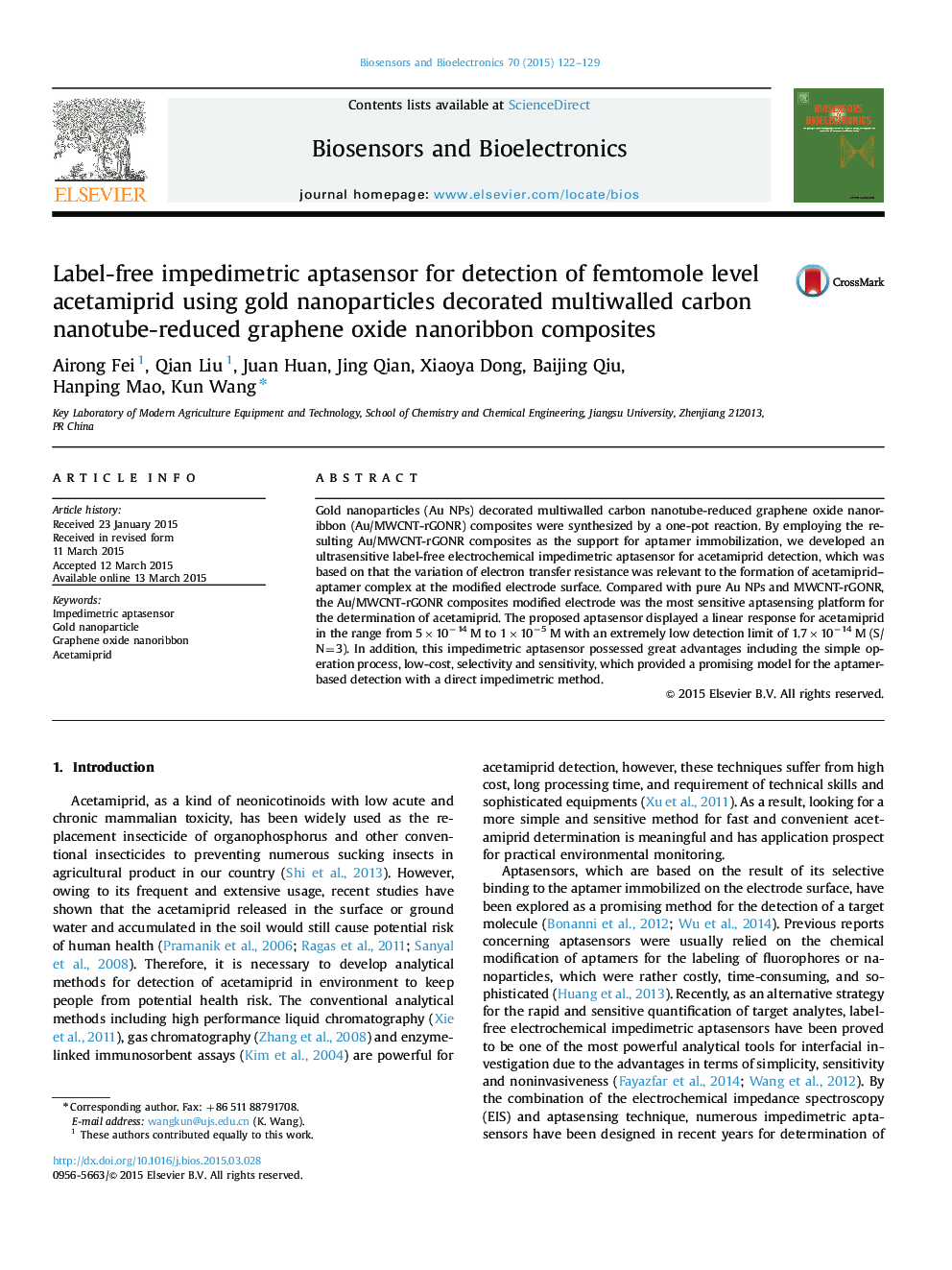 Label-free impedimetric aptasensor for detection of femtomole level acetamiprid using gold nanoparticles decorated multiwalled carbon nanotube-reduced graphene oxide nanoribbon composites