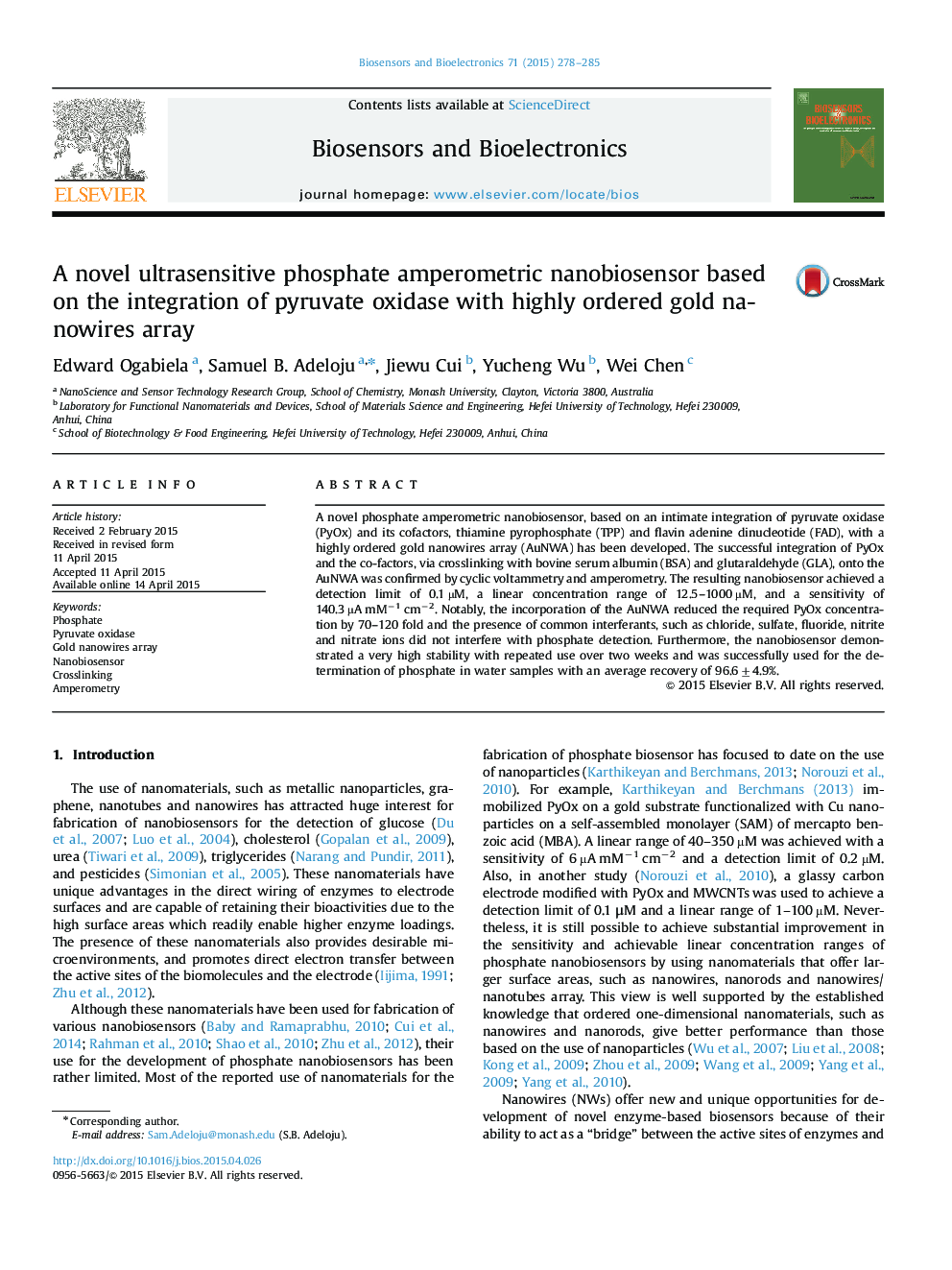 A novel ultrasensitive phosphate amperometric nanobiosensor based on the integration of pyruvate oxidase with highly ordered gold nanowires array