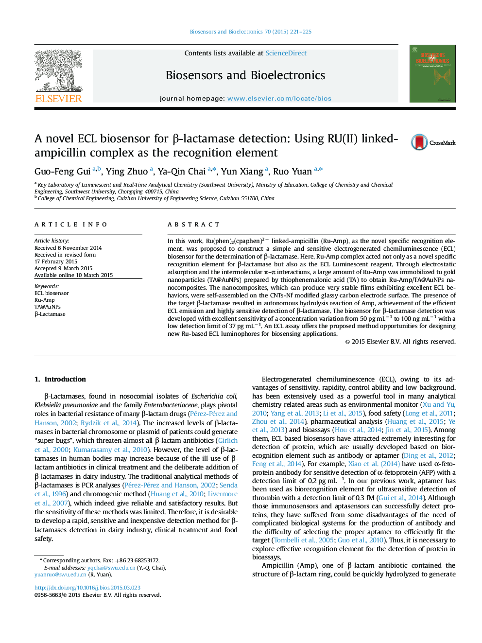 A novel ECL biosensor for Î²-lactamase detection: Using RU(II) linked-ampicillin complex as the recognition element