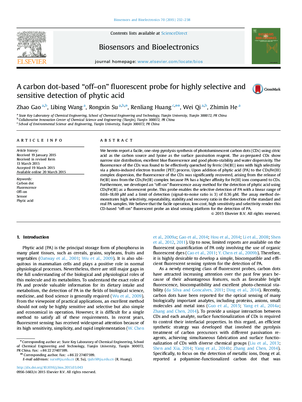 A carbon dot-based “off-on” fluorescent probe for highly selective and sensitive detection of phytic acid