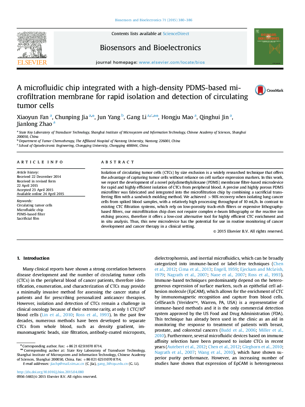 A microfluidic chip integrated with a high-density PDMS-based microfiltration membrane for rapid isolation and detection of circulating tumor cells