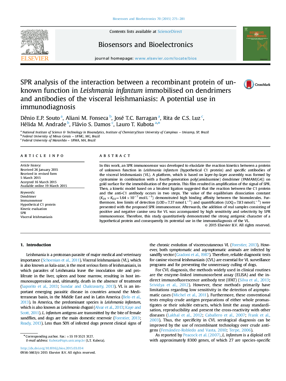 SPR analysis of the interaction between a recombinant protein of unknown function in Leishmania infantum immobilised on dendrimers and antibodies of the visceral leishmaniasis: A potential use in immunodiagnosis