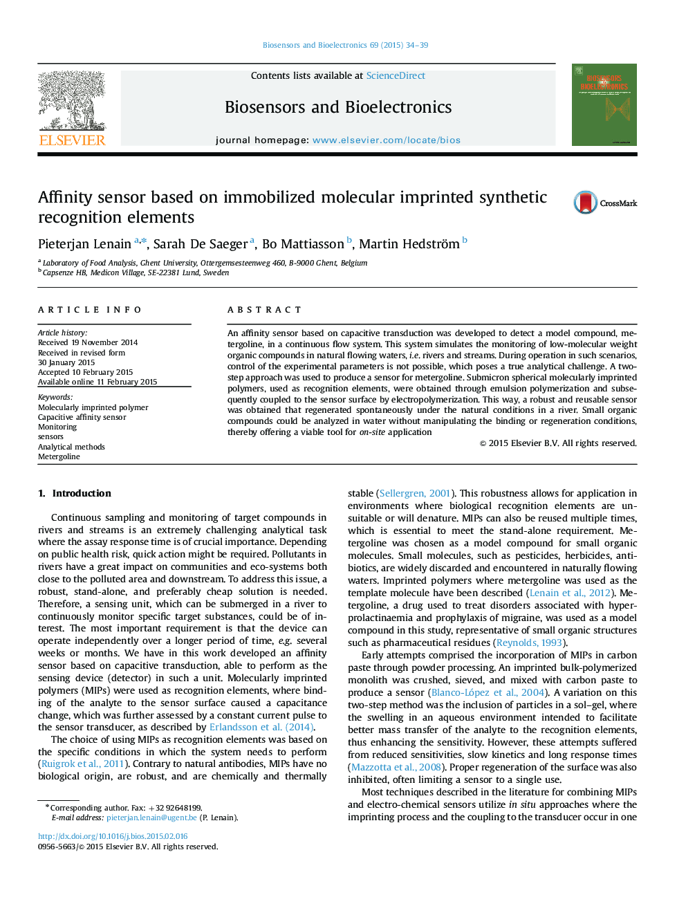 Affinity sensor based on immobilized molecular imprinted synthetic recognition elements