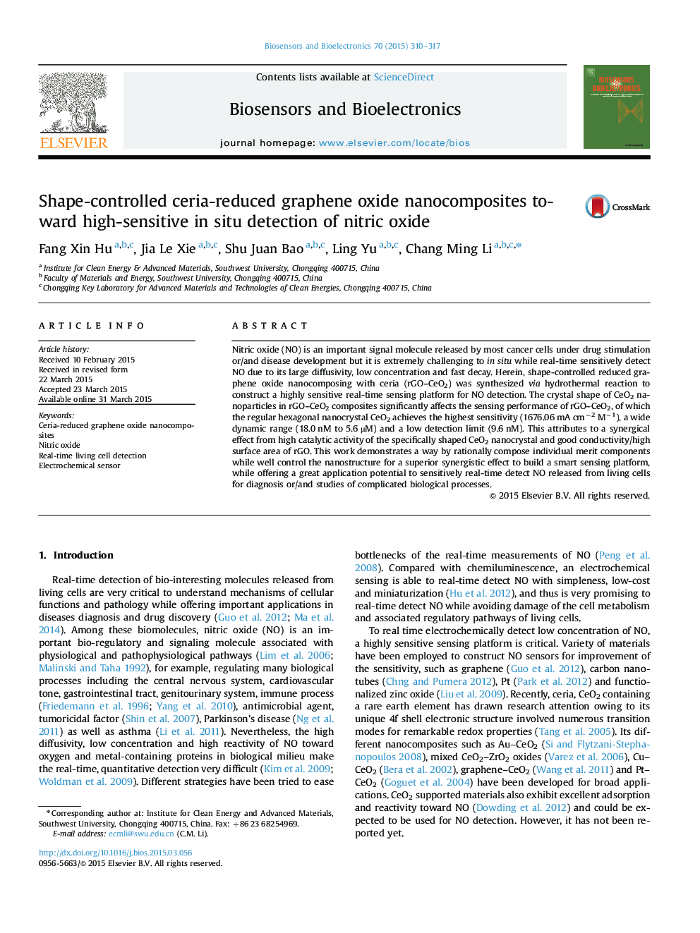 Shape-controlled ceria-reduced graphene oxide nanocomposites toward high-sensitive in situ detection of nitric oxide