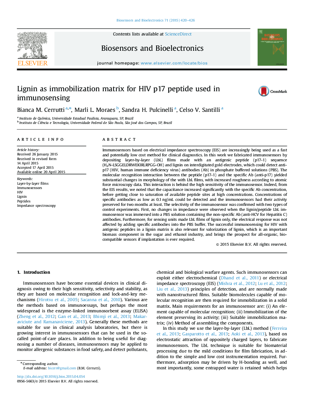 Lignin as immobilization matrix for HIV p17 peptide used in immunosensing