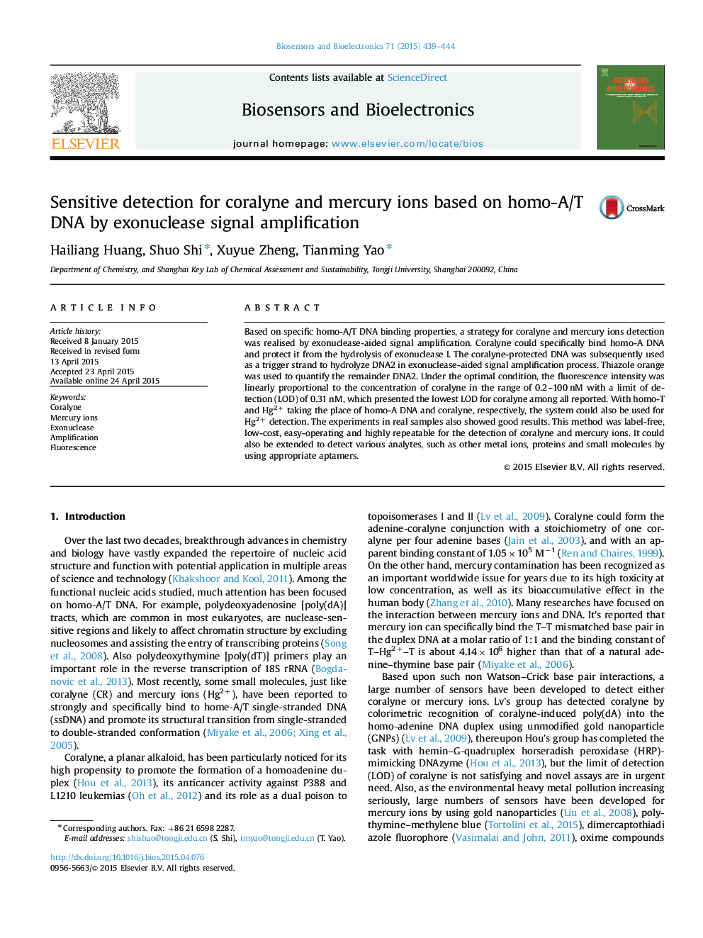 Sensitive detection for coralyne and mercury ions based on homo-A/T DNA by exonuclease signal amplification