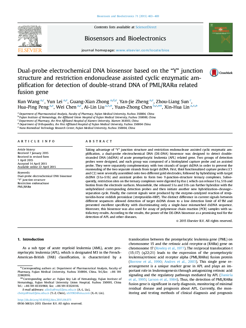 Dual-probe electrochemical DNA biosensor based on the “Y” junction structure and restriction endonuclease assisted cyclic enzymatic amplification for detection of double-strand DNA of PML/RARÎ± related fusion gene