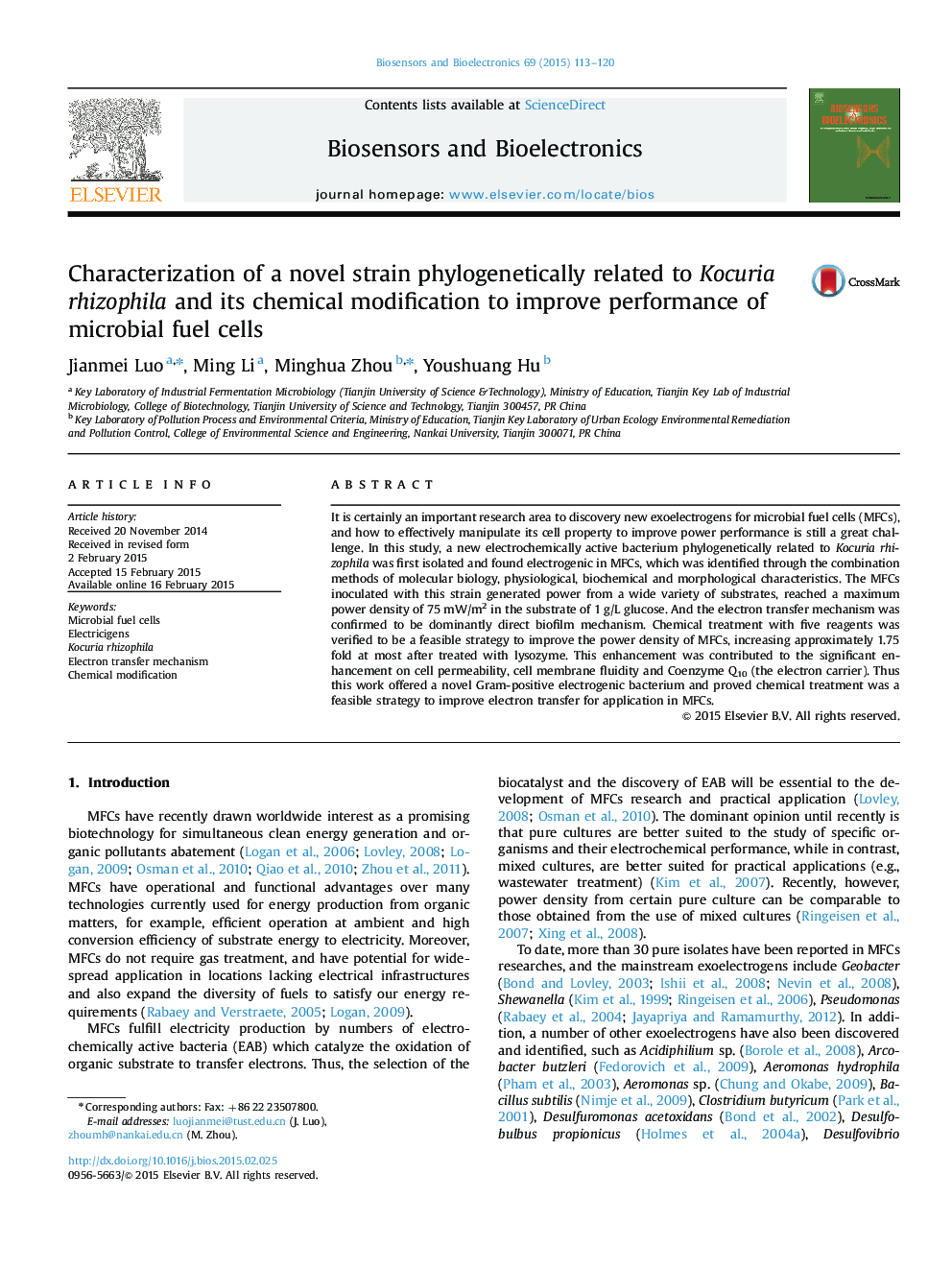 Characterization of a novel strain phylogenetically related to Kocuria rhizophila and its chemical modification to improve performance of microbial fuel cells