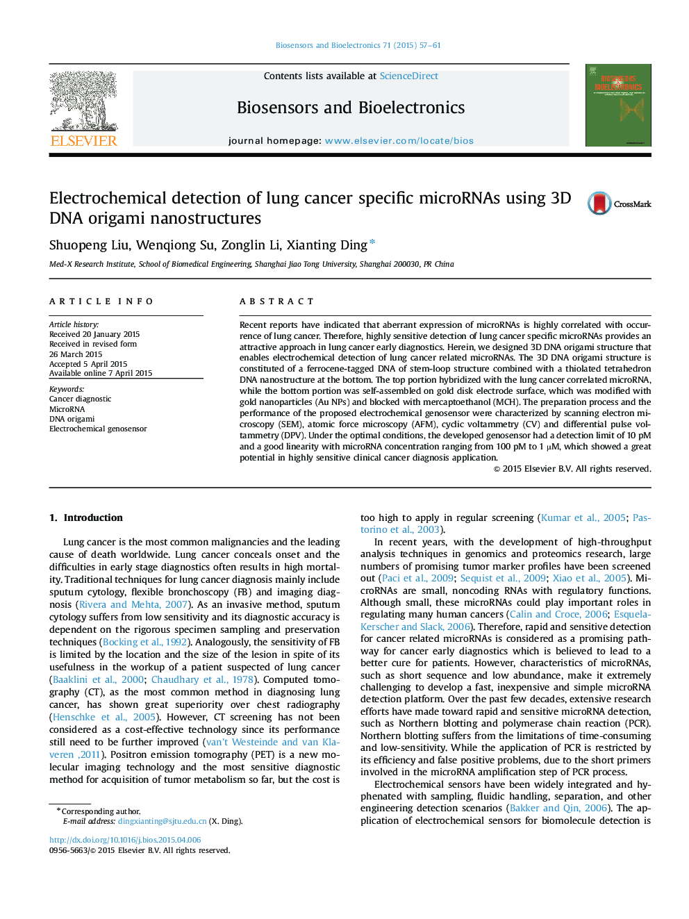 Electrochemical detection of lung cancer specific microRNAs using 3D DNA origami nanostructures