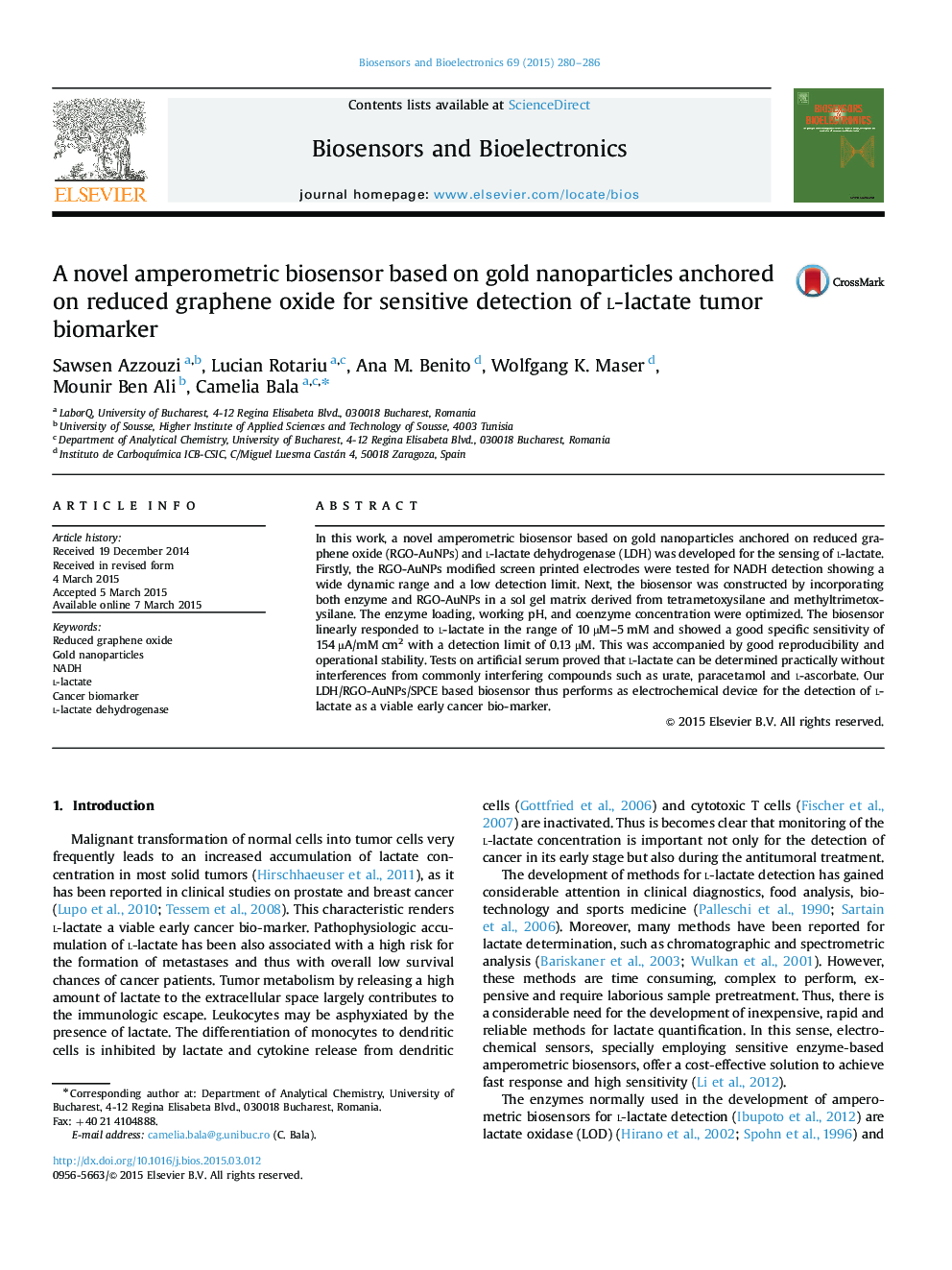 A novel amperometric biosensor based on gold nanoparticles anchored on reduced graphene oxide for sensitive detection of l-lactate tumor biomarker