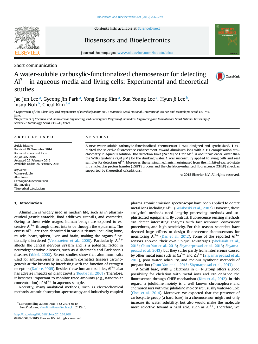 A water-soluble carboxylic-functionalized chemosensor for detecting Al3+ in aqueous media and living cells: Experimental and theoretical studies