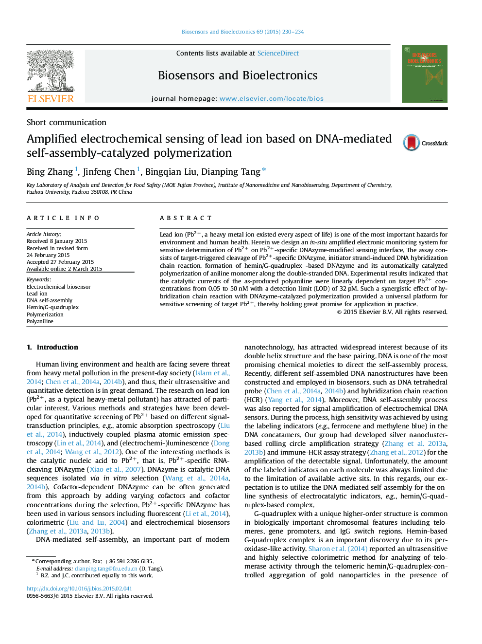 Amplified electrochemical sensing of lead ion based on DNA-mediated self-assembly-catalyzed polymerization