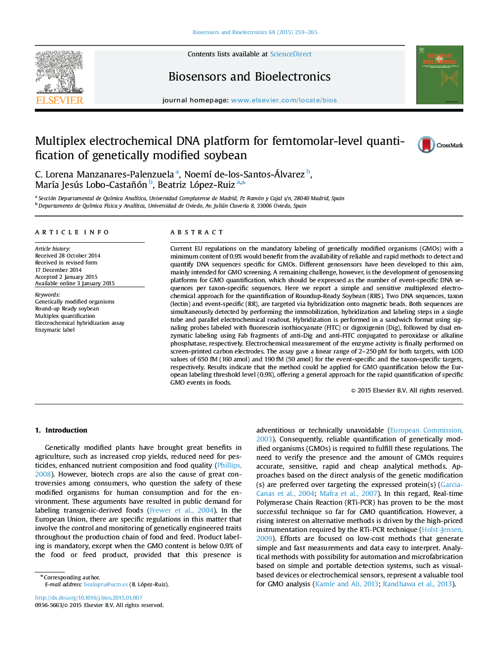 Multiplex electrochemical DNA platform for femtomolar-level quantification of genetically modified soybean