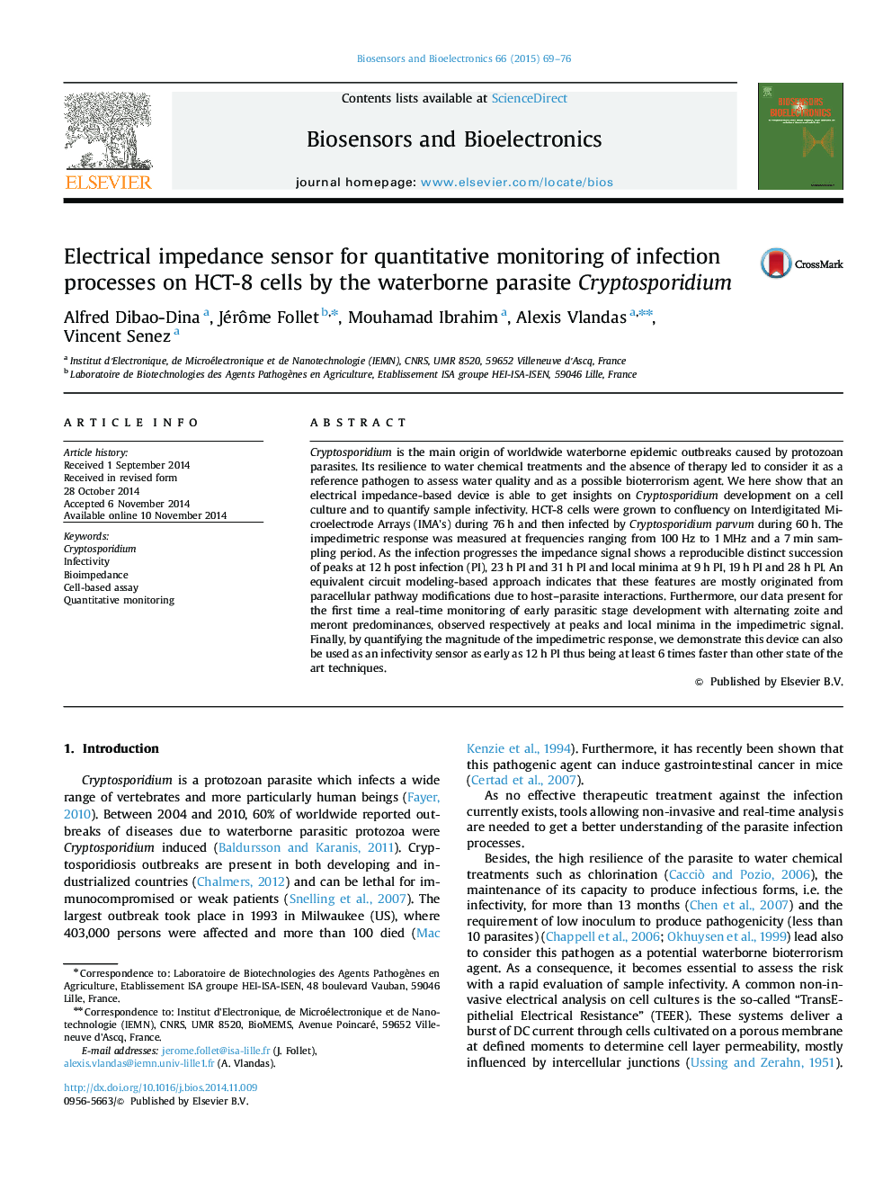 Electrical impedance sensor for quantitative monitoring of infection processes on HCT-8 cells by the waterborne parasite Cryptosporidium